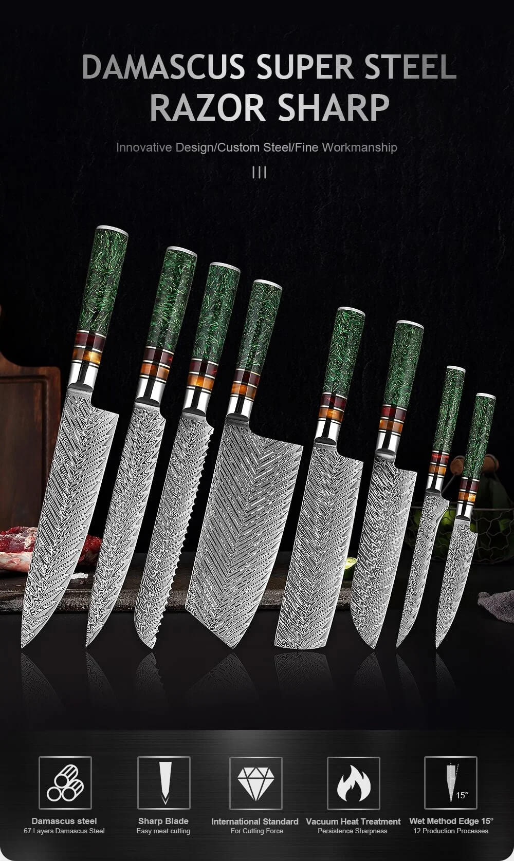 67 Layer Ceramic Handle and Green Stone 1-8 Pieces Kitchen Knife