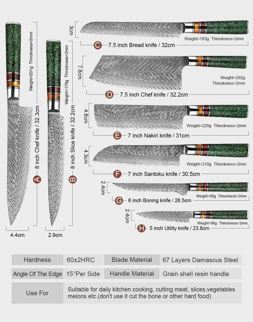 67 Layer Ceramic Handle and Green Stone 1-8 Pieces Kitchen Knife